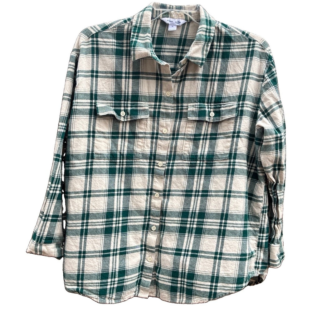 Old Navy Boyfriend Flannel Shirt LS Green Plaid Cottagecore Granola Girl Sz XL